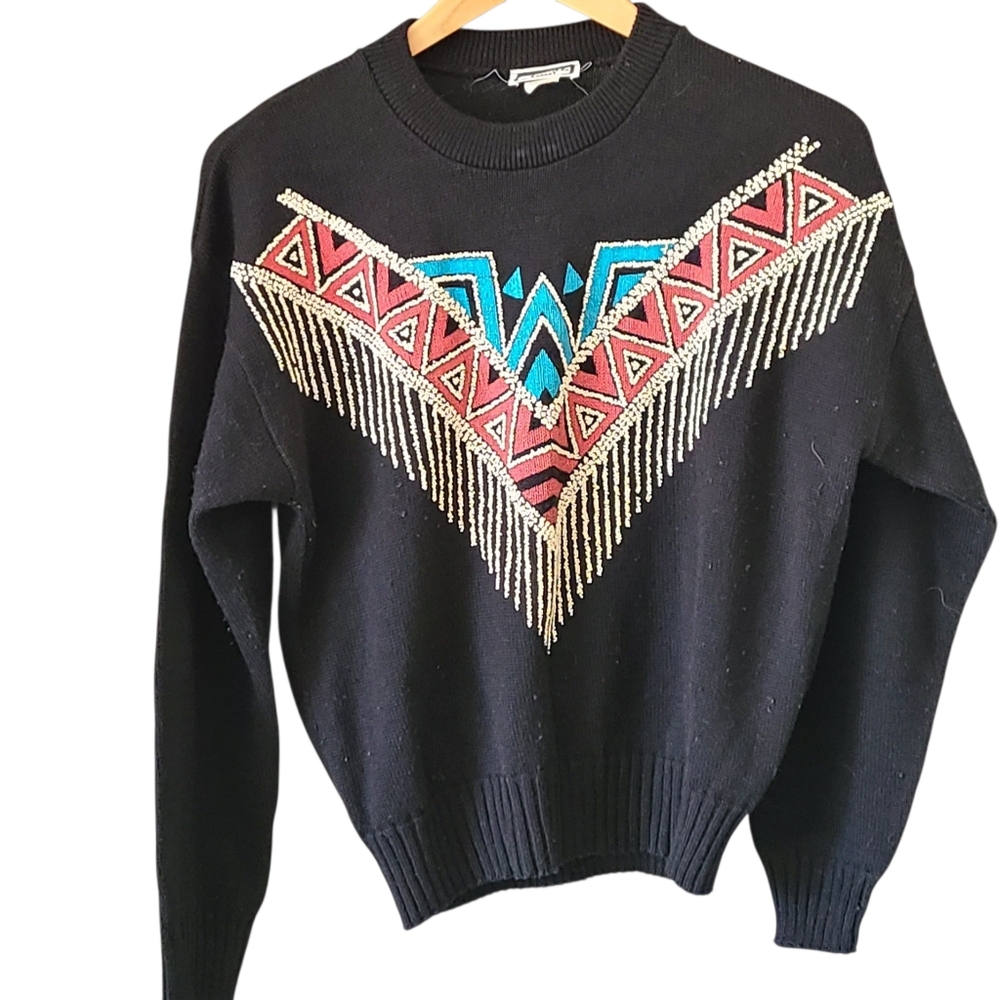 Black Sweater with Colorful Geometric Design